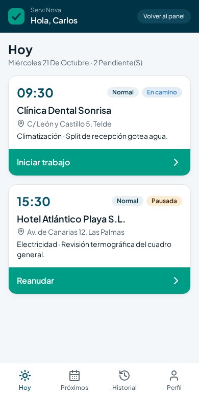 Aplicación móvil real de ServiNova: trabajos asignados al operario
